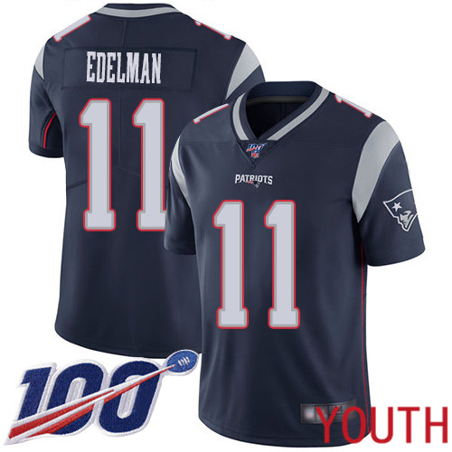 New England Patriots Football #11 100th Season Limited Navy Blue Youth Julian Edelman Home NFL Jersey->youth nfl jersey->Youth Jersey
